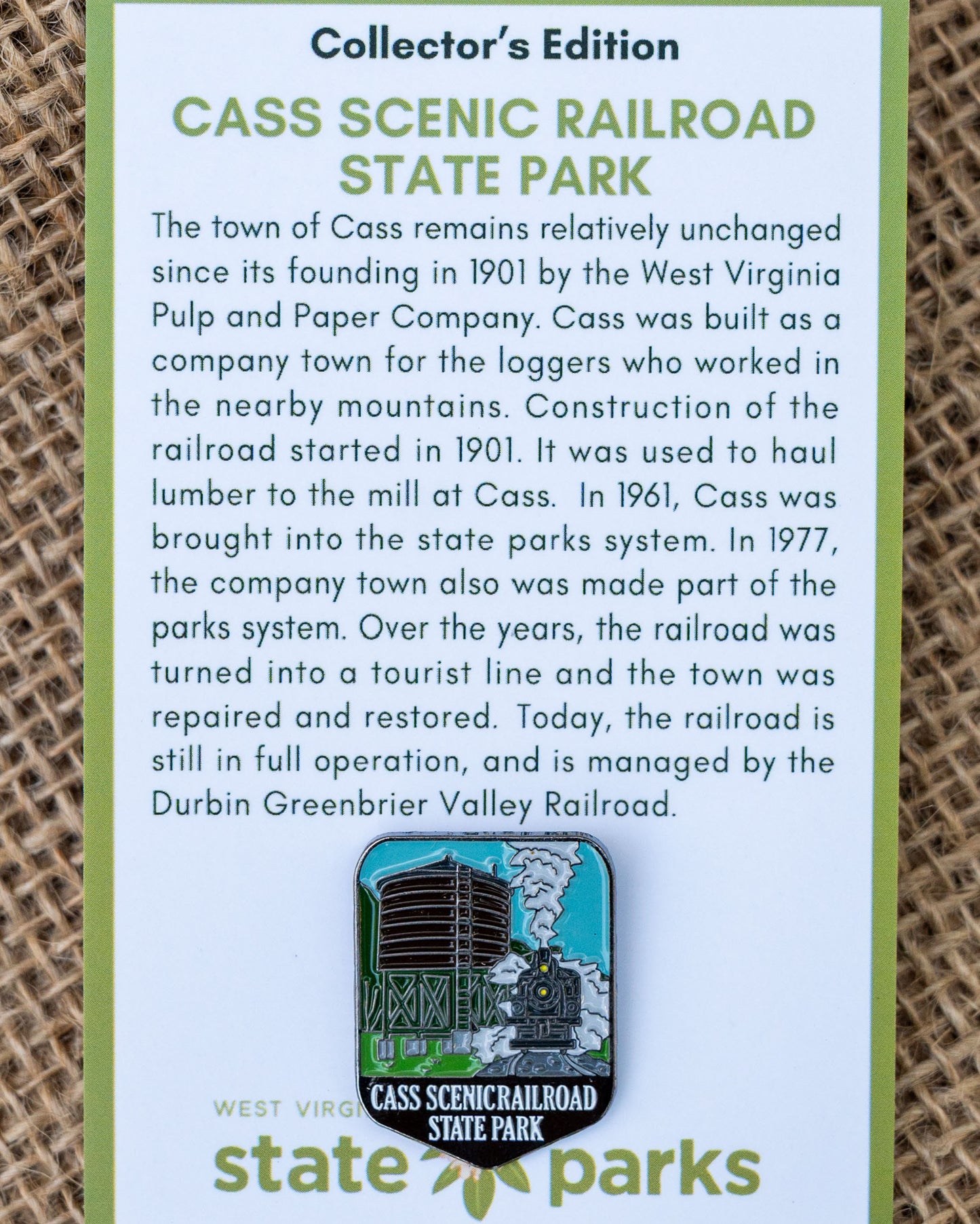 Cass Scenic Railroad State Park Collector's Water Tower Edition Enamel Pin