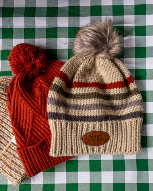 🎁 Striped West Virginia Pom Beanie (100% off)